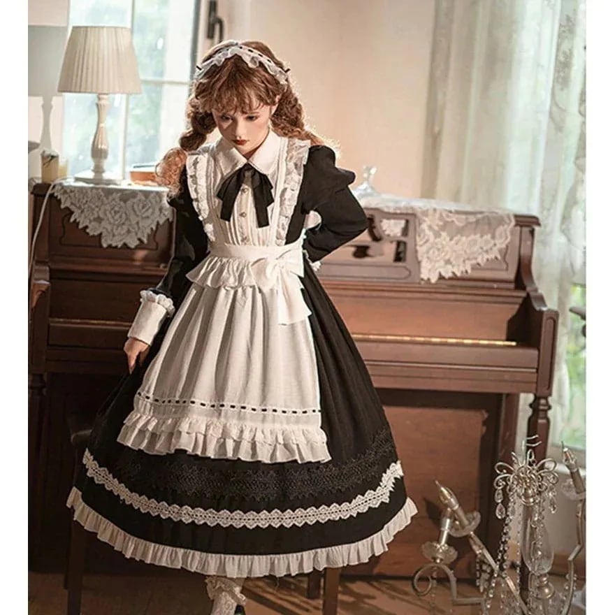 メイド 3点セット 長袖 コスプレ ワンピース エプロン ゴシック 可愛い エレガントロールプレイング