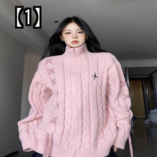 ニット レディース セーター トップス 秋冬 ハーフジップ デザイン 薄手 ハイネック カーディガン 大きいサイズ ピンク ホワイト