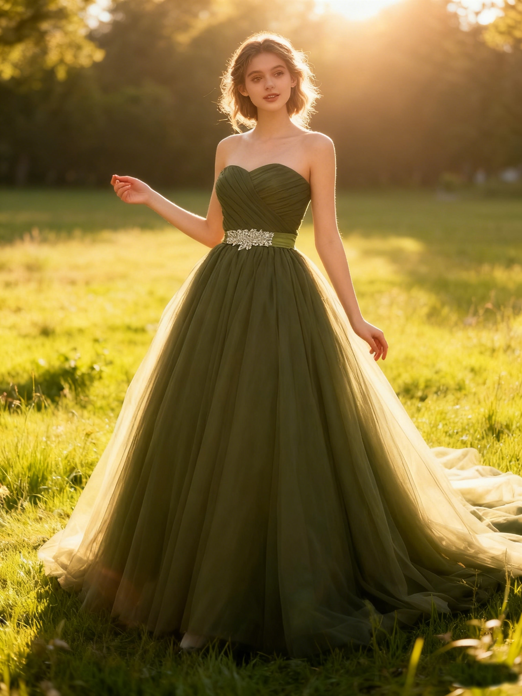 カラードレス おしゃれ上級者に人気！ グリーン キラキラチュール サッシュベルト ビスチェドレス 結婚式