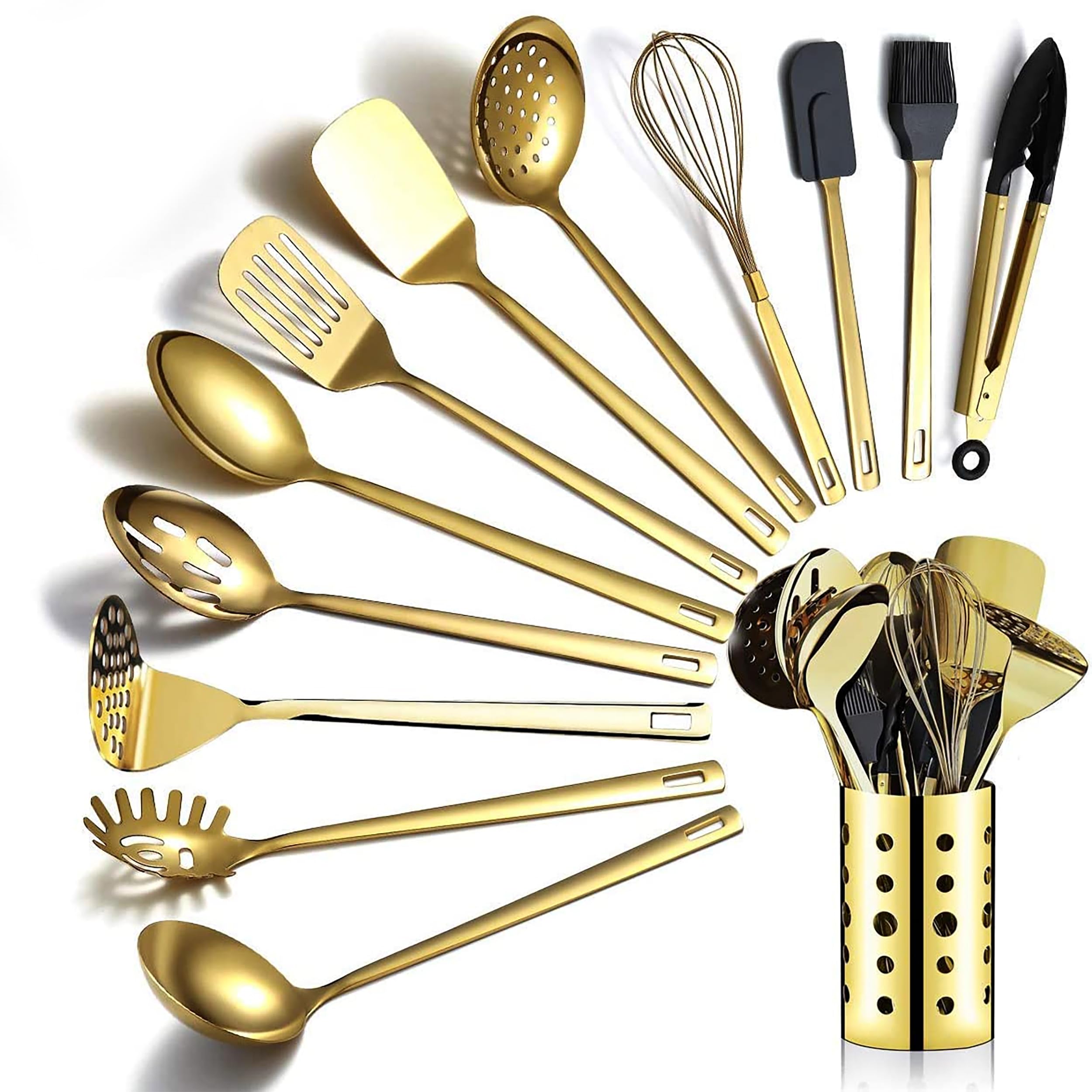 キッチンツール 13点セット ゴールド ステンレス鋼 チタンメッキ 調理器具 台所用品 製菓器具 フライ返し お玉 パスタシャベル ヘラ 穴あきお玉 トング 泡立て器 ハケ ターナー スロット付きスプ