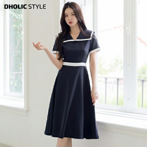 [メガ割りSALE]セーラーカラー配色フレアワンピース・p679241