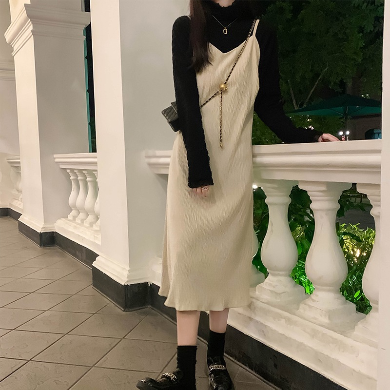 セットアップ カットソー スリップドレス ロング丈 袖あり 長袖 襟付き スタンドカラー 細身 ハイウエスト 上下セット こなれ感 ブラック アプリコット ホワイト ブラック ワンサイズ