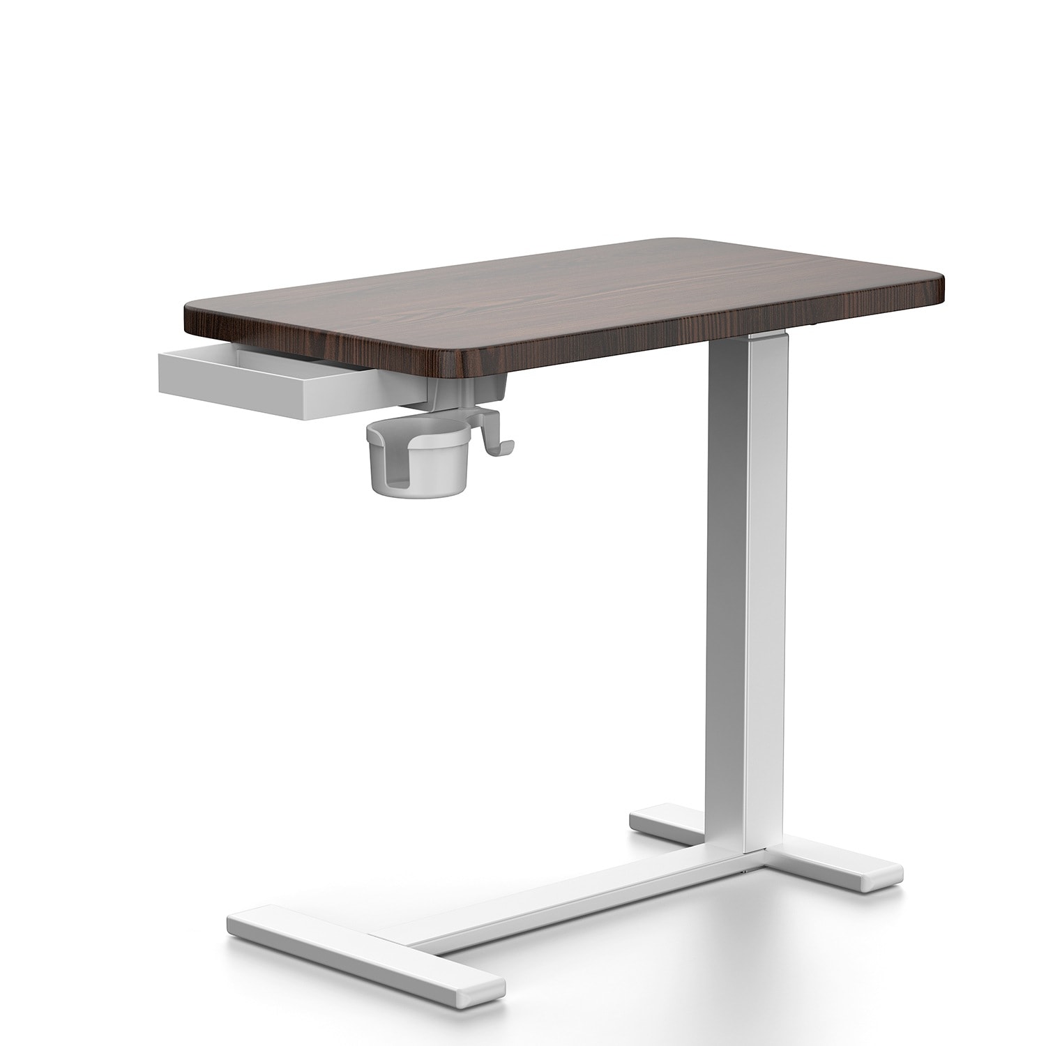 【国内発送 無-送料】1562サイドテーブル昇降式 ガス圧昇降ベッドテーブル PCテーブル 介護テーブル 引き出し付き カップホルダー付き キャスター付き 64～102cm高さ調整可能 高さ無段階調節