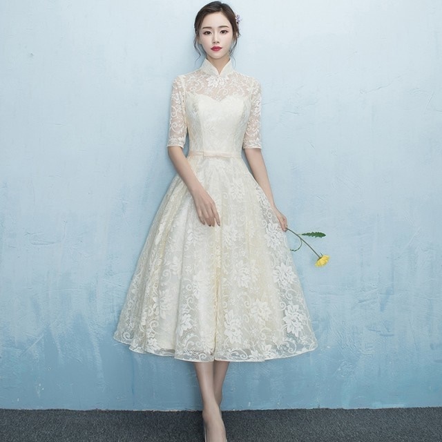 1732.ハイネックミモレ丈ドレス（シャンパン）2019 春夏 sale 結婚式 二次会 パーティー お呼ばれ デート 謝恩会 同窓会 食事会 デート フォーマル