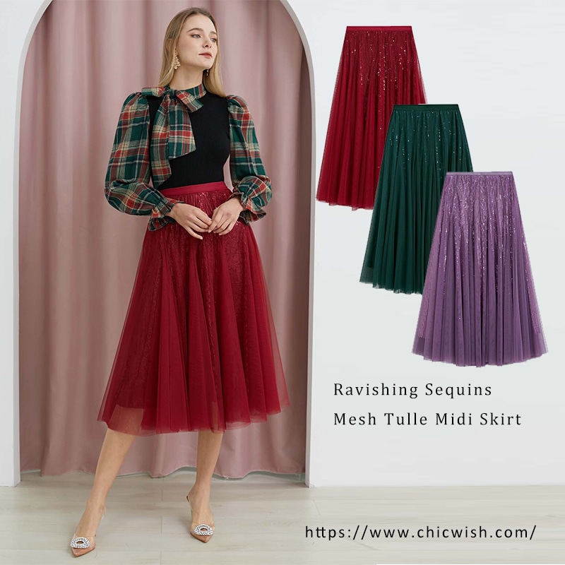 ゴムウエストスパンコールメッシュチュールミディスカート パーティー