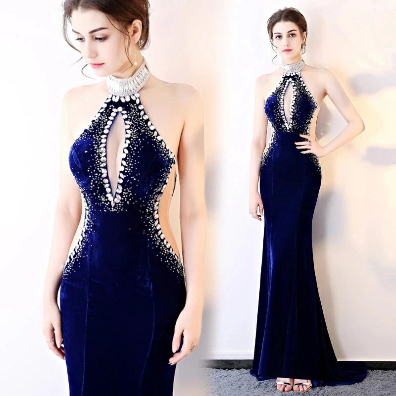 【急速出荷!】ワンピース ナイトドレス 透ける シースルー タイト ホルターワンピ イブニングドレス プリンセスドレス タイトワンピース 胸元オープン 花飾り ラインストーン ロング丈 マーメイド ス