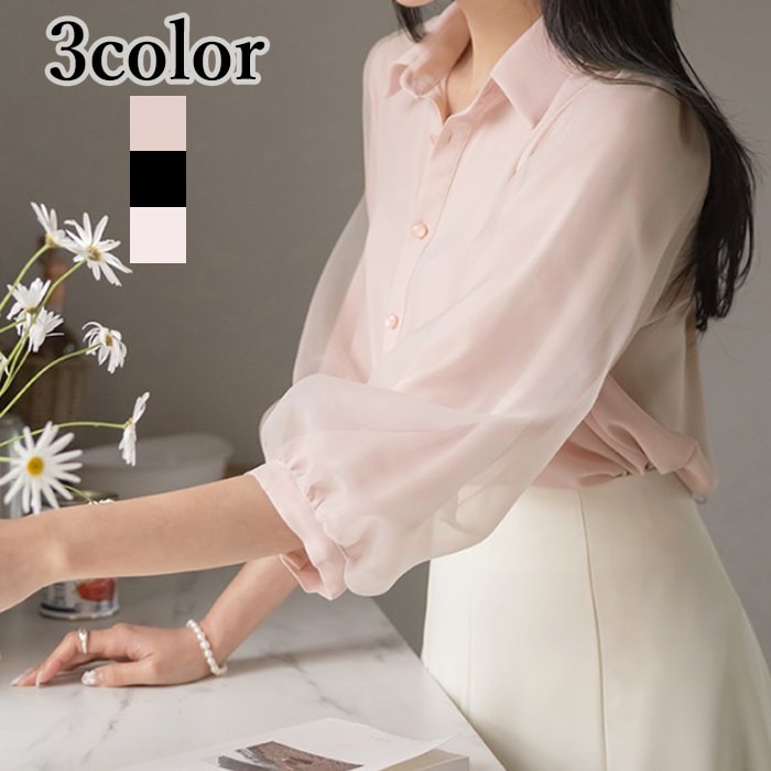 ブラウス レディース 春 シフォン きれいめ パフスリーブ パフ袖