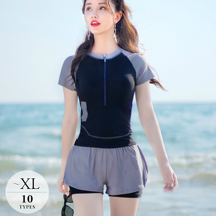 水着レディース体型カバービキニセパレートスポーティー動きやすいパンツ半袖ホワイトブラックピンクブルー