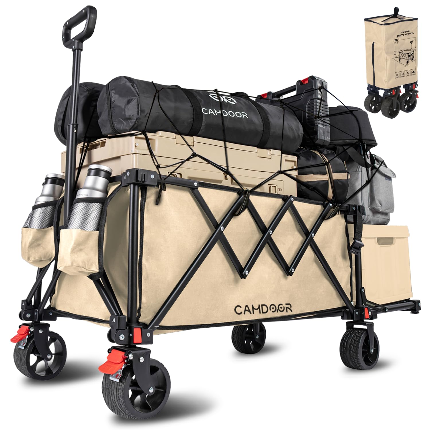 CAMDOOR キャリーワゴン 特大容量240L【脱着式タイヤ·2026新登場·3秒で収納】超軽量 子供乗せれる 後部展開可 長物対応 アウトドアワゴン キャンプ カート 高耐荷重120kg 持ち運び