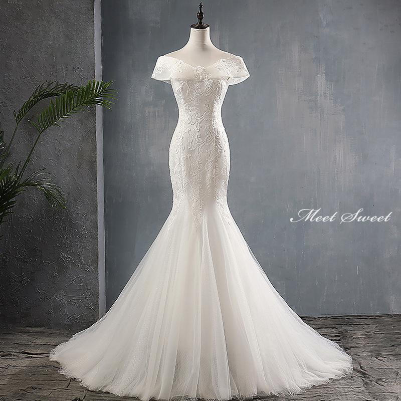 ウェディングドレス ウエディングドレス オフショルダー 二次会 結婚式 前撮り ブライダル ロングドレス 花嫁 マーメードドレス マーメイドラインドレス レース 海外挙式 フォトウェディング オフホワ