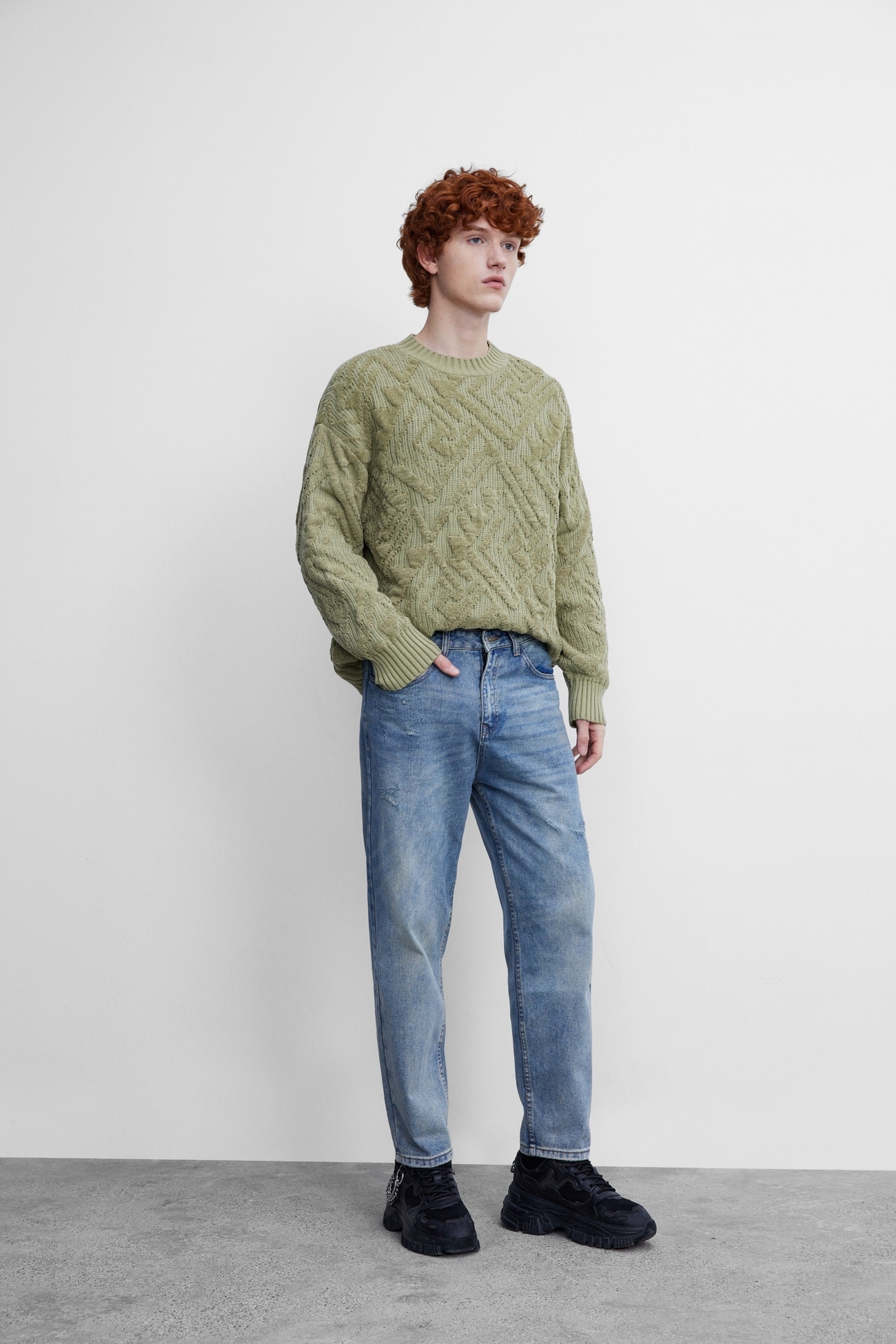 秋 冬 メンズ ファッション ジャカード ラウンドネック カップル セーター ニット Tシャツ グリーン XS S M L トップス Tシャツ シャツ ニットソー 袖あり 長袖 きれいめ シンプル