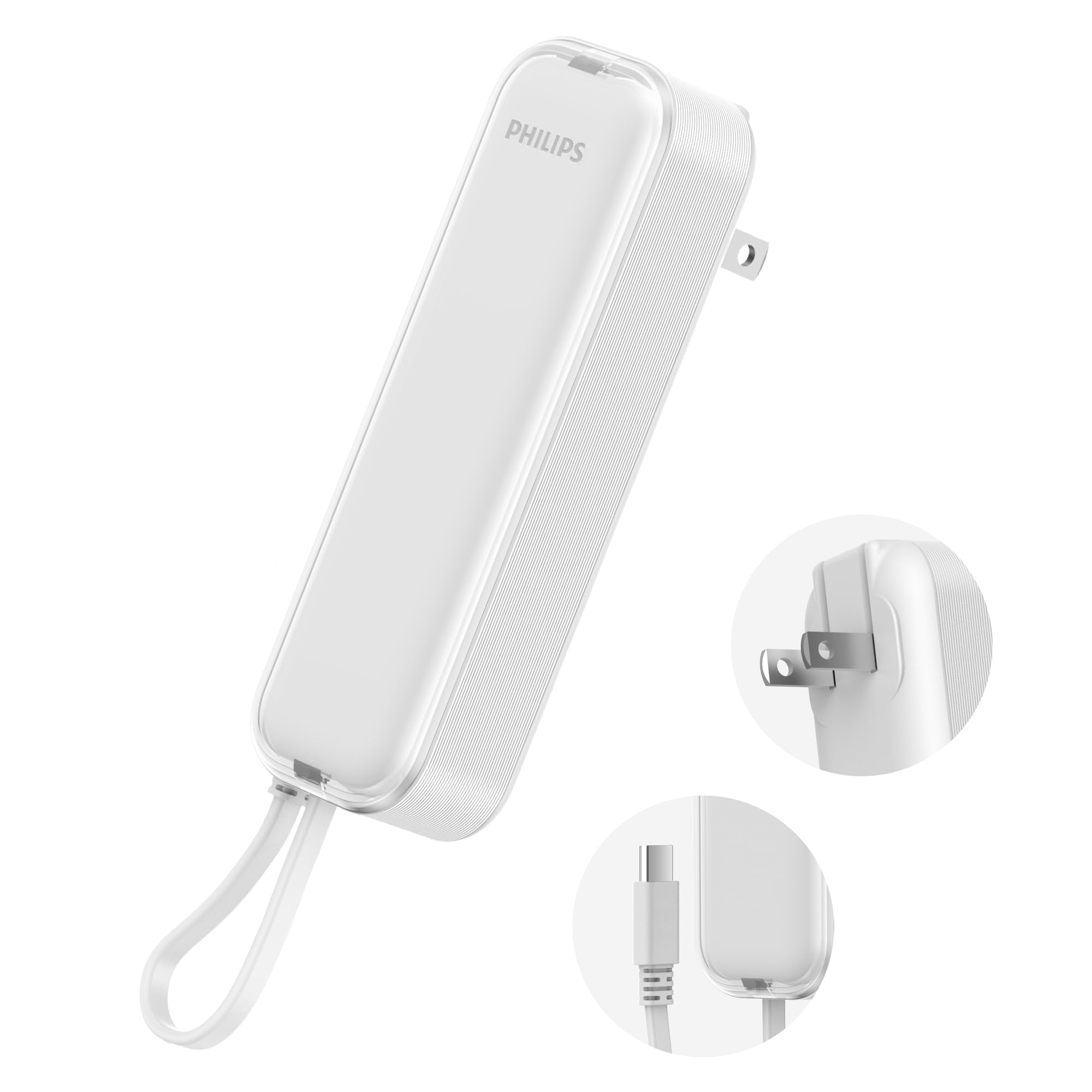 Philips (フィリップス) 小型 モバイルバッテリー ACプラグ付 5000mAh 大容量 入出力USB-Cケーブル内蔵 PD急速充電 軽量 二台同時充電 小電流デバイス対応 モバイル充電器 パ