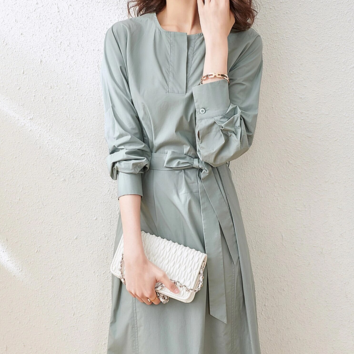 ワンピース ひざ丈 袖あり 長袖 ラウンドネック Aライン ウエストリボン かわいい