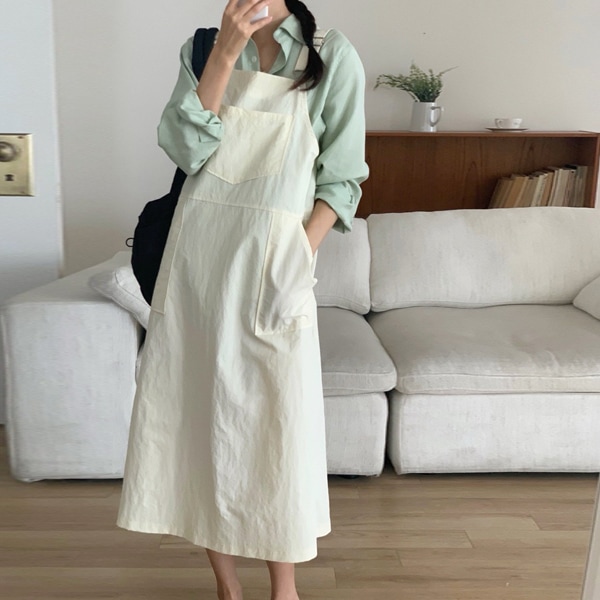 韓国ファッション ナイロン ポケット サスペンダー ロング ワンピース