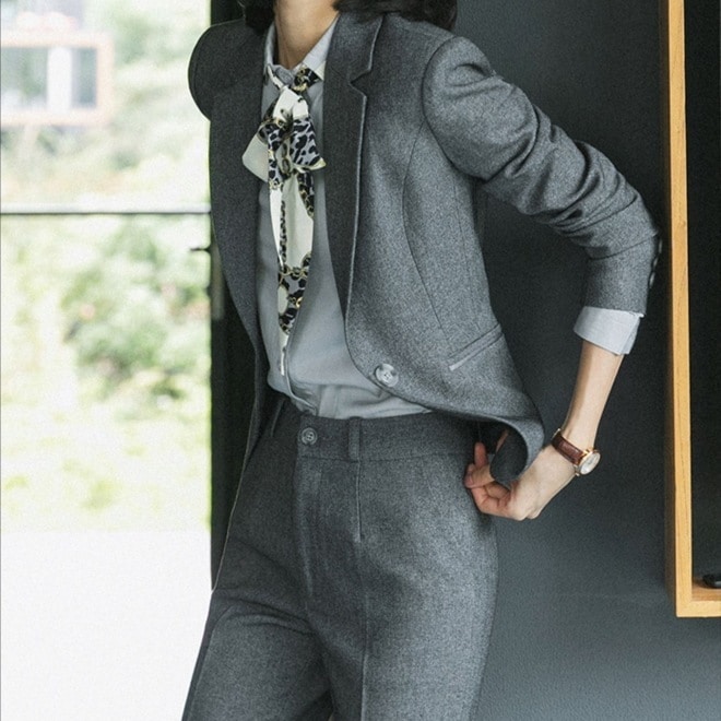 スーツセットアップ 紳士風スタイル オフィススーツセット 長袖ジャケットスーツ トップス ボトムス パンツ アウター セットアップ ジャケット 上着 スーツ ストレートパンツ ロング丈 袖あり 長袖