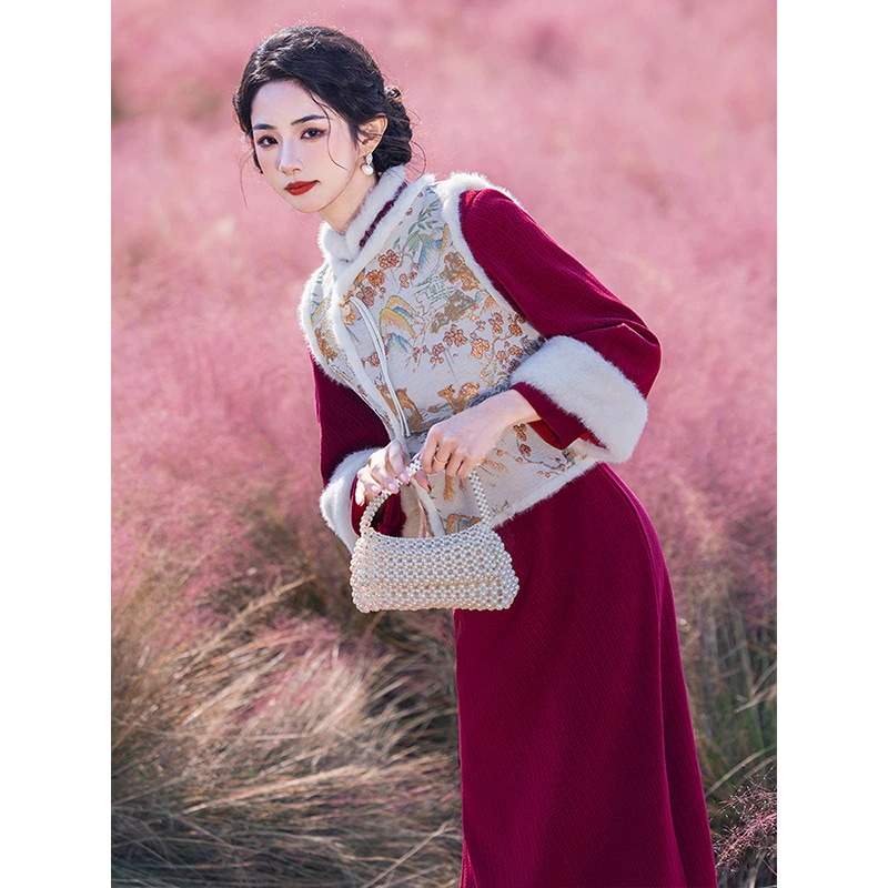 ワンピースドレスドレス新しいの新年のタン・スーツガールチョンサム秋と冬のスタイルに加えてベルベット肥厚の漢服長袖冬の冬