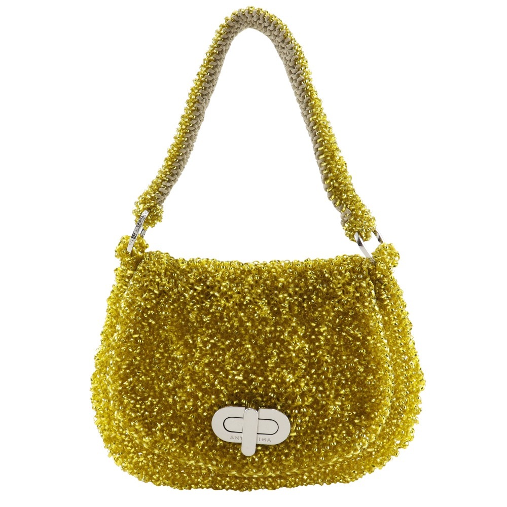 ワイヤーバッグ フラップ付き ハンドバッグ ワイヤーコード スエード マスタードイエロー レディース 中古品 A-ランク