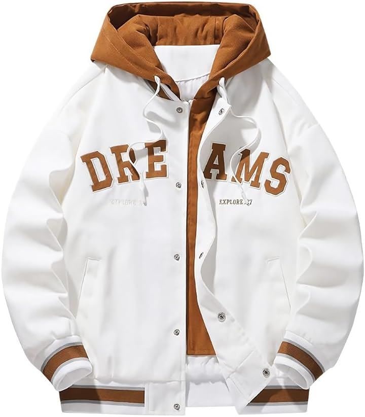 フード付き ジャンパー ストリート系 重ね着風 おしゃれアウター メンズ カッコイイ ジャケット ホワイト(ミストホワイト, XL)