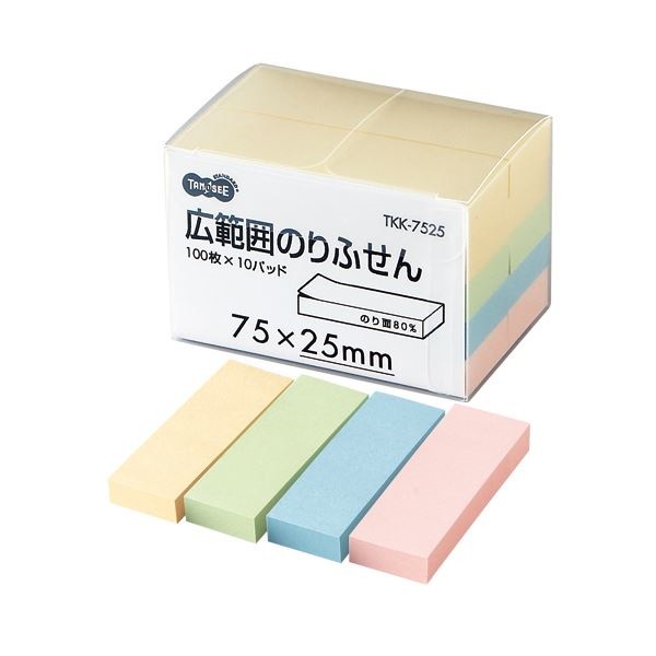 （まとめ）TANOSEE 広範囲のりふせん 75x25mm 4色 1パック（10冊） [x10]