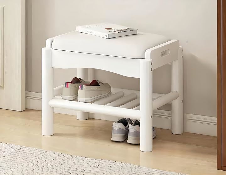 玄関ベンチ 木製 無垢材 北欧 天然木 シューズラック 収納ベンチ 玄関椅子 玄関スツール シューズボックス 靴収納 雑貨 家具(ホワイト, 45x30x40cm)
