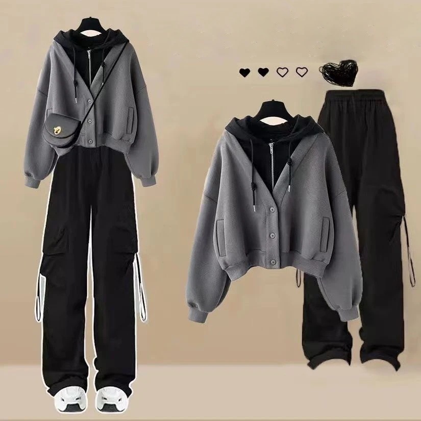 フェイクレイヤード アウター+カーゴパンツ 2点セット 韓国ファッション ゆったり レディースセットアップ