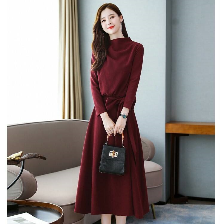 ワンピース 秋 長袖 ひざ下丈 ウエストスッキリ 着やせ Aライン 上品 ラグジュアリー きれいめ お出かけ