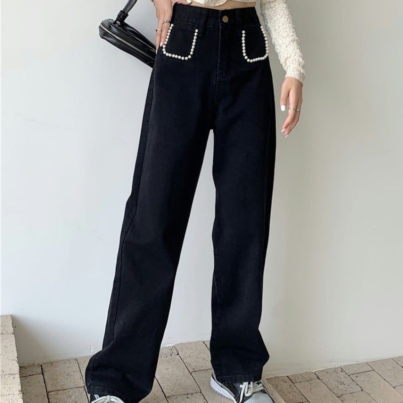 2color ハイウエストデニム デニムパンツ ビーズ パール ワイドパンツ 着痩せ