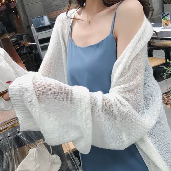 トップス カーディガン ロング丈 袖付き 長袖 ボリューム袖 襟