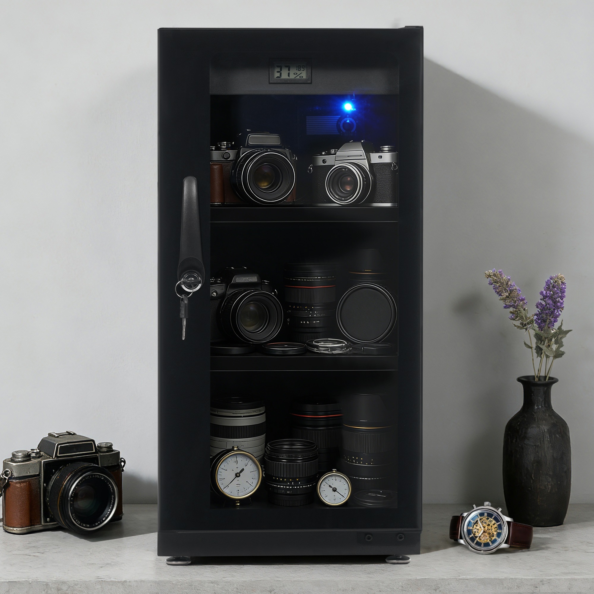 【国内発送】1091防湿庫 容量50L ブラックドライボックス 自動除湿 カビ対策 静音 鍵付き ノブ式 ECO省エネ デジタル温度湿度表示 カメラやレンズ収納ケース 防湿ケース