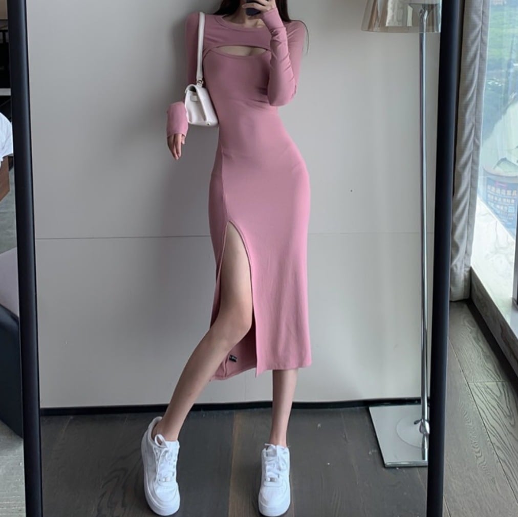 ワンピース デート かわいい 大人可愛い きれいめ シンプル カジュアル 大人 上品 おしゃれ 長袖 ロング丈 スリット ラウンドネック 無地 セクシー タイト 無地 春夏 ピンク　ブラック 韓国モテ