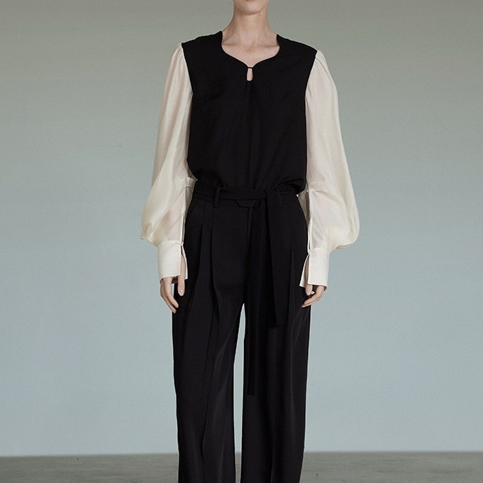 レディース トップス ブラウス 長袖 Vネック スリム 細身 ストレート Iライン 切り替え 切り替えデザイン ドッキング 薄手 大人可愛い きれいめ 上品 おしゃれ こなれ感 個性的 クール