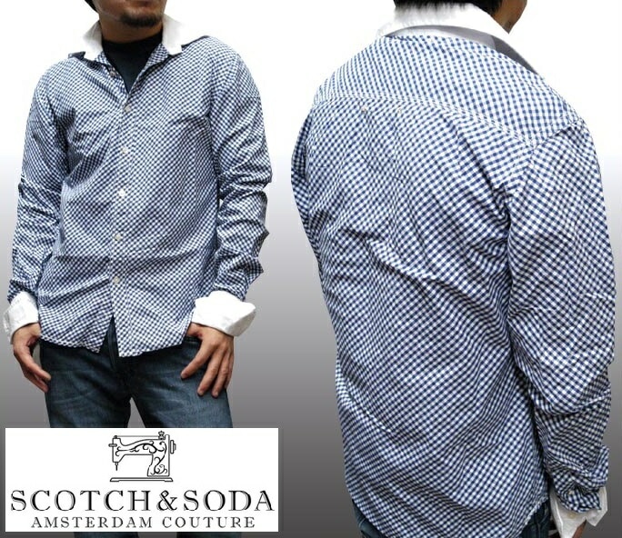 スコッチ&ソーダ スコッチアンドソーダ scotch&soda メンズ 長袖 シャツ ダイヤチェック クレリック ブルー ネイビー アジャストボタン トップス カジュアル サーフ セレブ ストリート