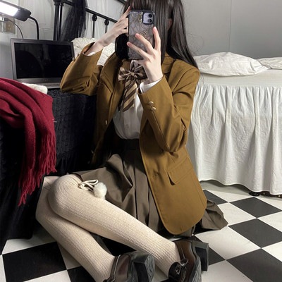 神北JKカーキスーツJK制服スカート学院風校茶色ブレザー女性秋冬用