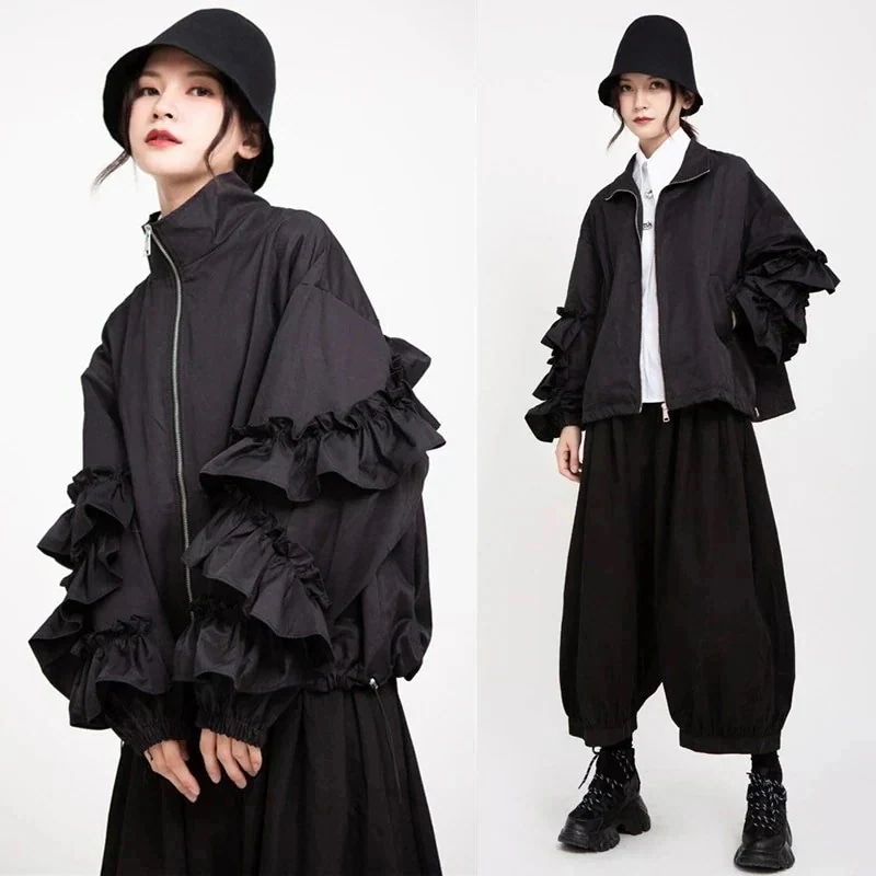 【J.Fashion】春秋 フリル ファスナー ジャケット ブラウン おしゃれ レディース トップス アウター カシミヤタッチ パフスリーブ オフィス 長袖 日焼け止め 韓国 ブラウス メガ割30%ま