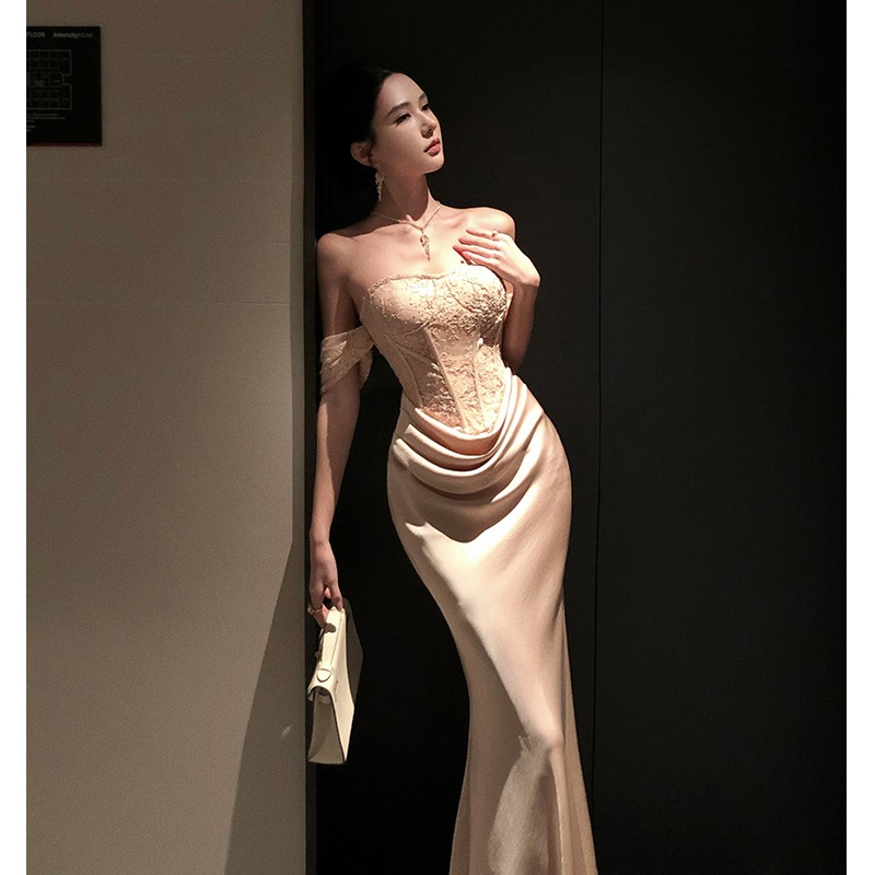 セクシーなフィッシュボーンブトップドレスレディース秋冬気質誕生日パーティーイブニングドレスヒップカバーロングスカート