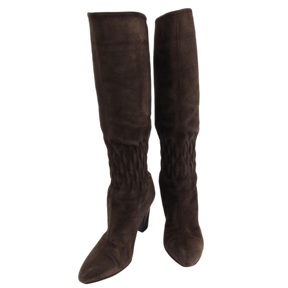 ブーツ シューズ 靴 ロングブーツ レディース 35ハーフ キルティングステッチ入り ブラウン 中古