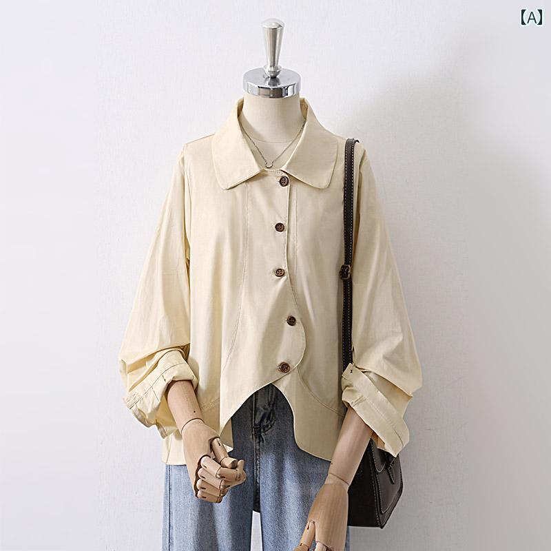 レディース シャツ ブラウス 長袖 通気性 春秋 アプリコット モダンデザイン 個性的 不規則なシングルブレスト エレガント クラシック ワードロープ スタイリッシュ ソフト カジュアル 5,160円