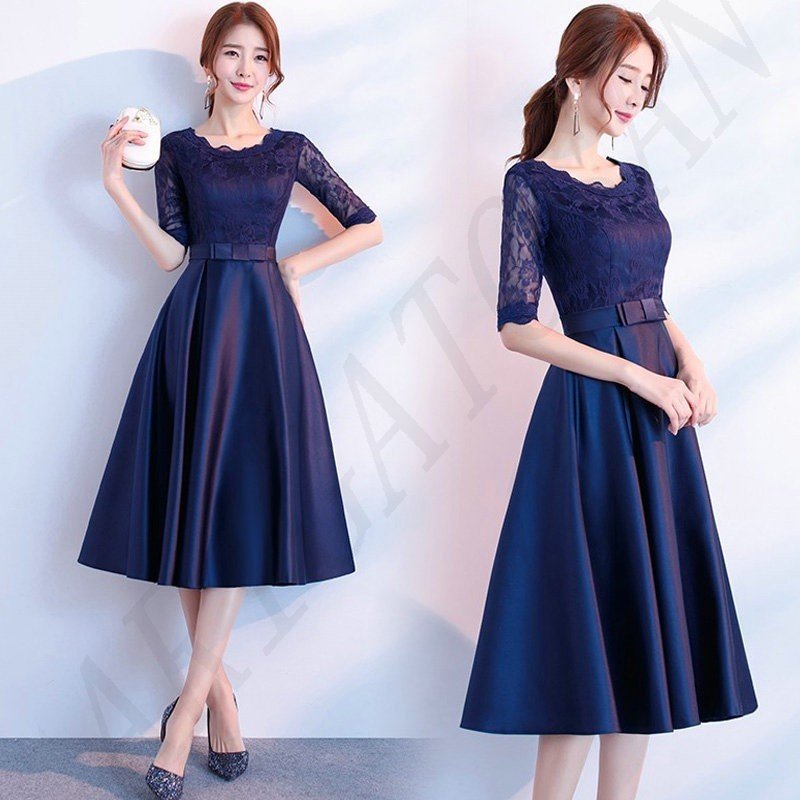 パーティードレス 結婚式 ドレス 袖あり 大人 着痩せ 紺色 上品 お呼ばれ 演奏会 食事会 二次会 披露宴 卒業式 成人式 5,451円