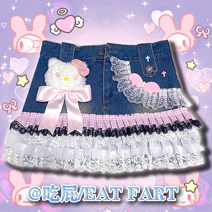 バービーアイドル スウィートガール デニムaスカート 継ぎ多層レースケーキスカート