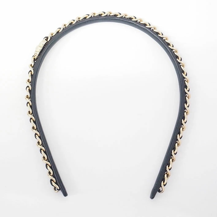 【美品】シャネル ココマーク チェーンモチーフ カチューシャ ヘアバンド シルバー金具 レザー 【ヘアアクセサリー】
