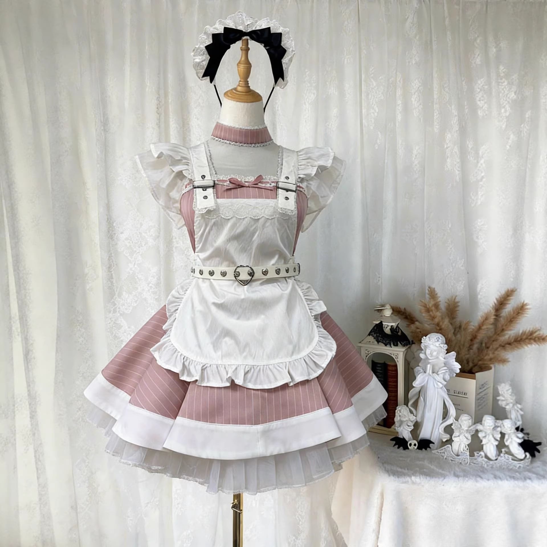 メイド服ピンク白ストライプロリータ犬柄ショートワンピース 可愛いメイドセット 舞台衣装