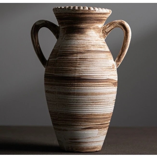 フラワーベース 花瓶 ヴィンテージ風 大きい ブラウン セラミック 幾何学模様 ホームデコレーション ラウンド ドライフラワーフラワーアレンジメント 4-7