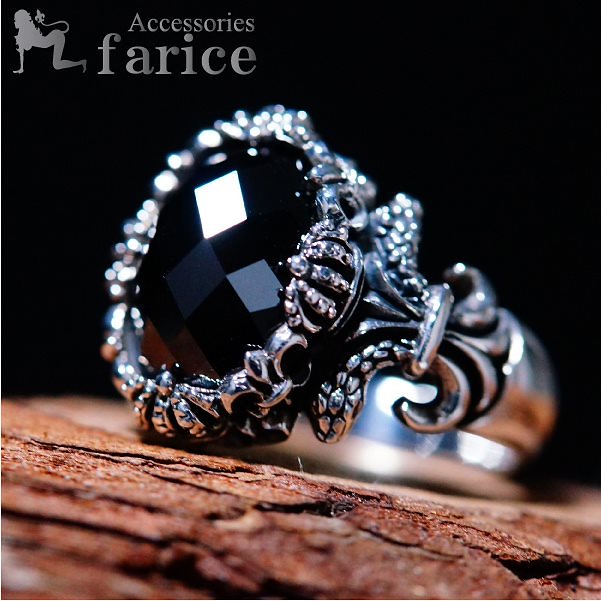 クラウン&スネークフレア ブラックキュービックジルコニアストーンシルバーリング