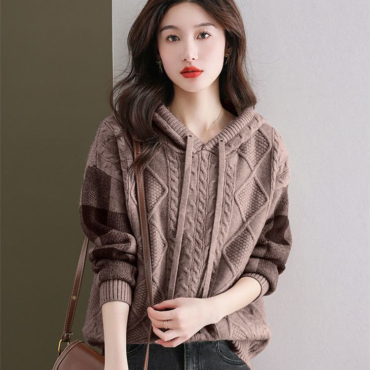 【質感注目させ】 売れ筋 着痩せ効果 チェック柄 シンプル フード付き ニットセーター レディース