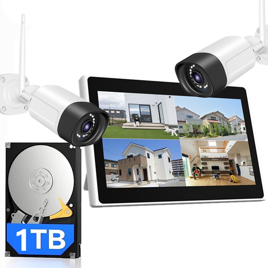 防犯カメラ ワイヤレス 屋内 屋外 10インチLCD液晶モニタ 一体型NVR スカメラ2台セット 遠隔監視 AI動体検知 セキュリティ 防犯カメラ