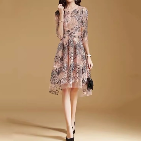 レディース ワンピース ドレス 膝丈 7分袖 ラウンドネック 襟なし スリム Aライン フェミニン 刺繍 ハイウエスト 透け感 シースルー 薄手 かわいい 大人可愛い きれいめ 上品 おしゃれ