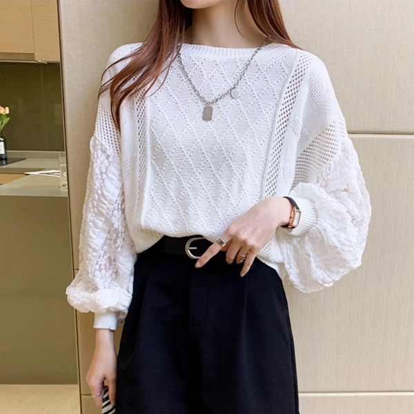 春と秋スタイルのアウターウェア ルーズスプライスレースのTシャツ レディース トップス ロンT セーター アウター 長袖 パフスリーブ ラウンドネック 襟なし ノーカラー ワイド ストレート