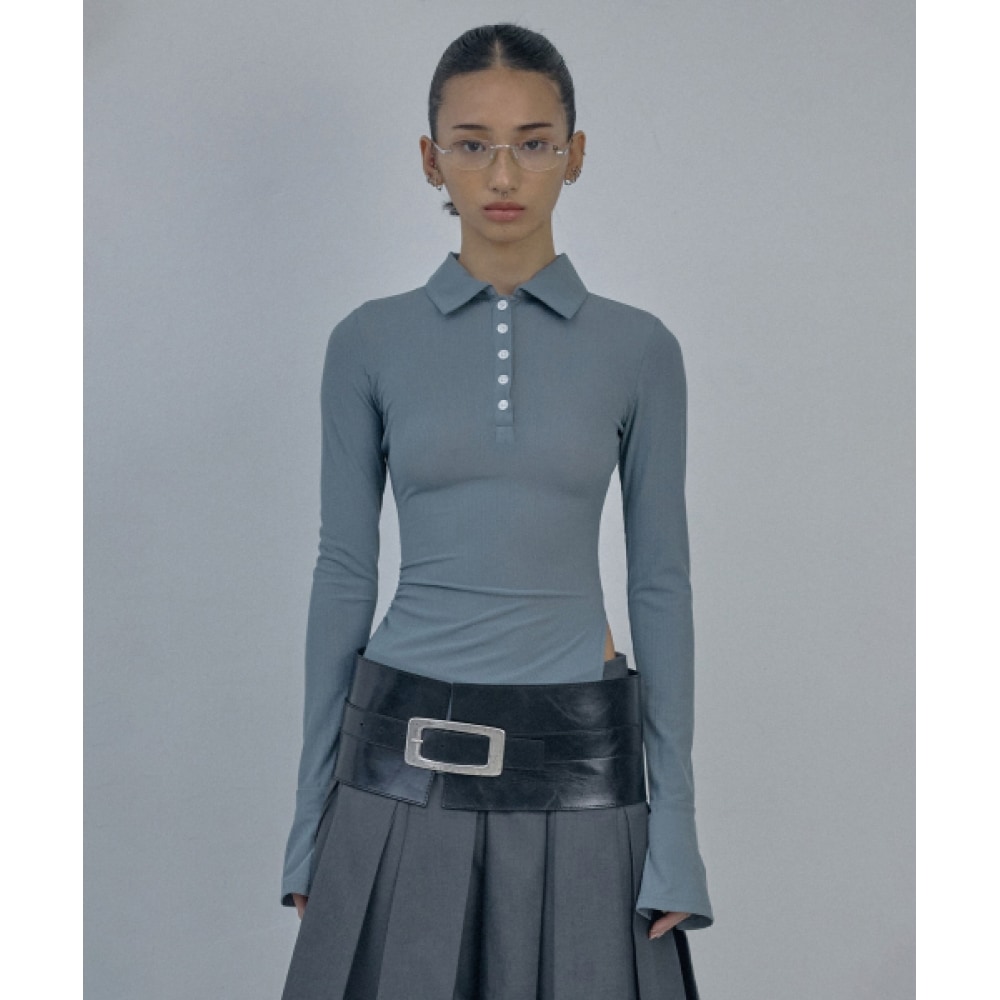 SCULPTOR ボタンダウンベルスリーブTシャツブルーグレー