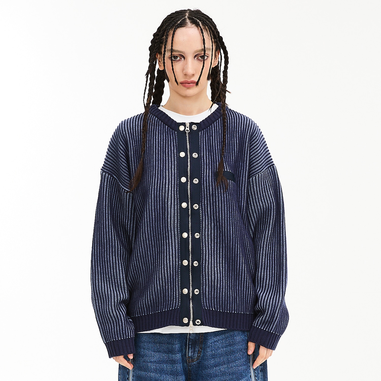Two-Tone taping zip-up cardigan NAVY