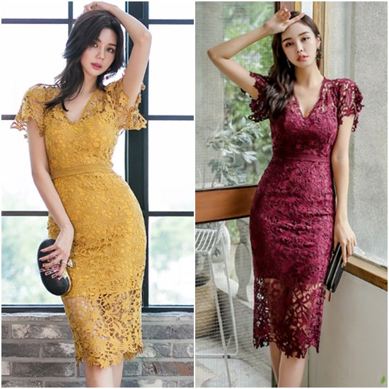 【取寄：納期2週間】結婚式ドレス 大きいサイズ XL 半袖 ミドル丈 総レース Vネック ワンピーススカート